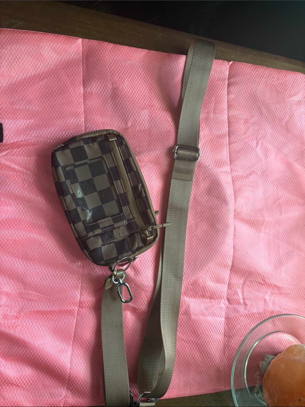 Brown Checkered Crossbody Bag with Adjustable Strap